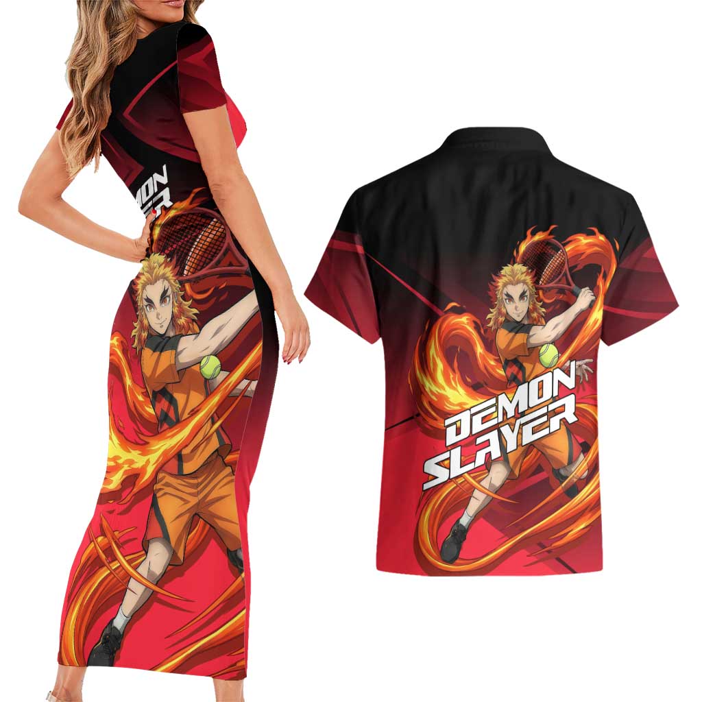 Kyojuro Rengoku Flame Rally Couples Matching Short Sleeve Bodycon Dress and Hawaiian Shirt Sporty Anime Mashup Style