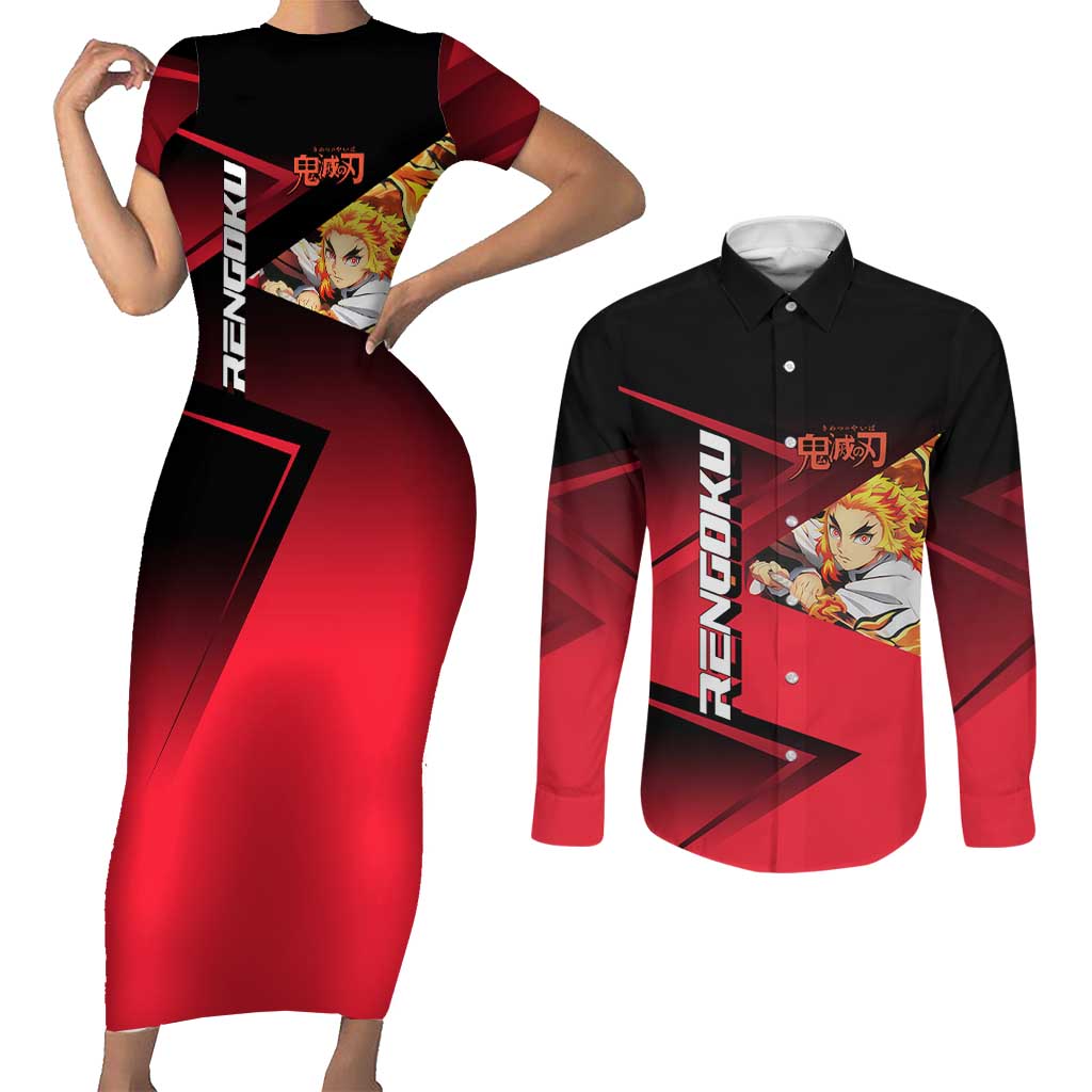 Kyojuro Rengoku Flame Rally Couples Matching Short Sleeve Bodycon Dress and Long Sleeve Button Shirt Sporty Anime Mashup Style