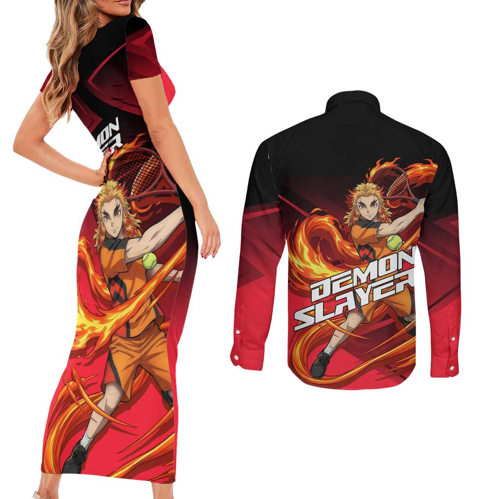 Kyojuro Rengoku Flame Rally Couples Matching Short Sleeve Bodycon Dress and Long Sleeve Button Shirt Sporty Anime Mashup Style