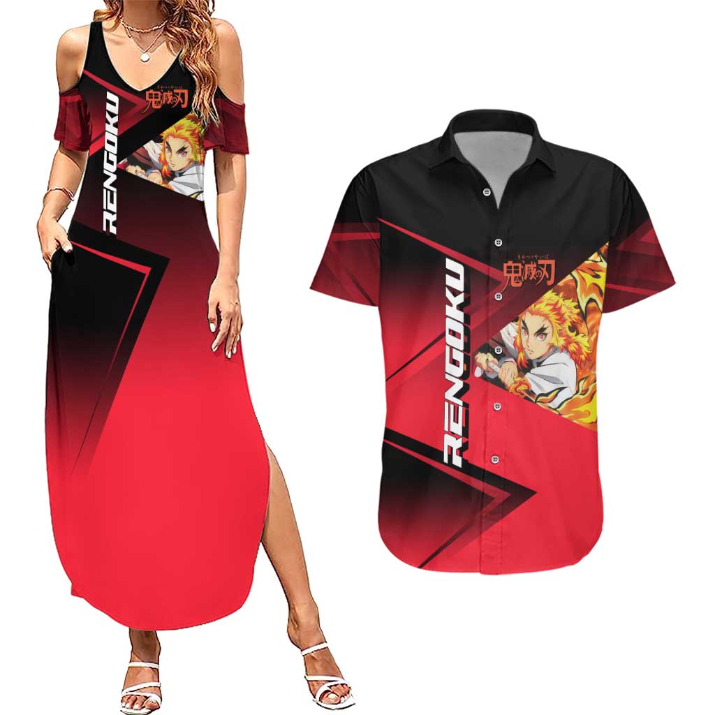 Kyojuro Rengoku Flame Rally Couples Matching Summer Maxi Dress and Hawaiian Shirt Sporty Anime Mashup Style