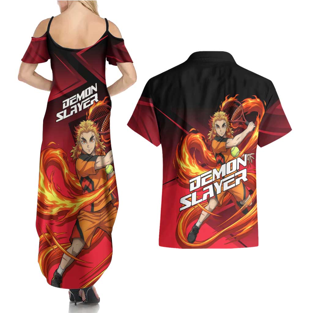 Kyojuro Rengoku Flame Rally Couples Matching Summer Maxi Dress and Hawaiian Shirt Sporty Anime Mashup Style
