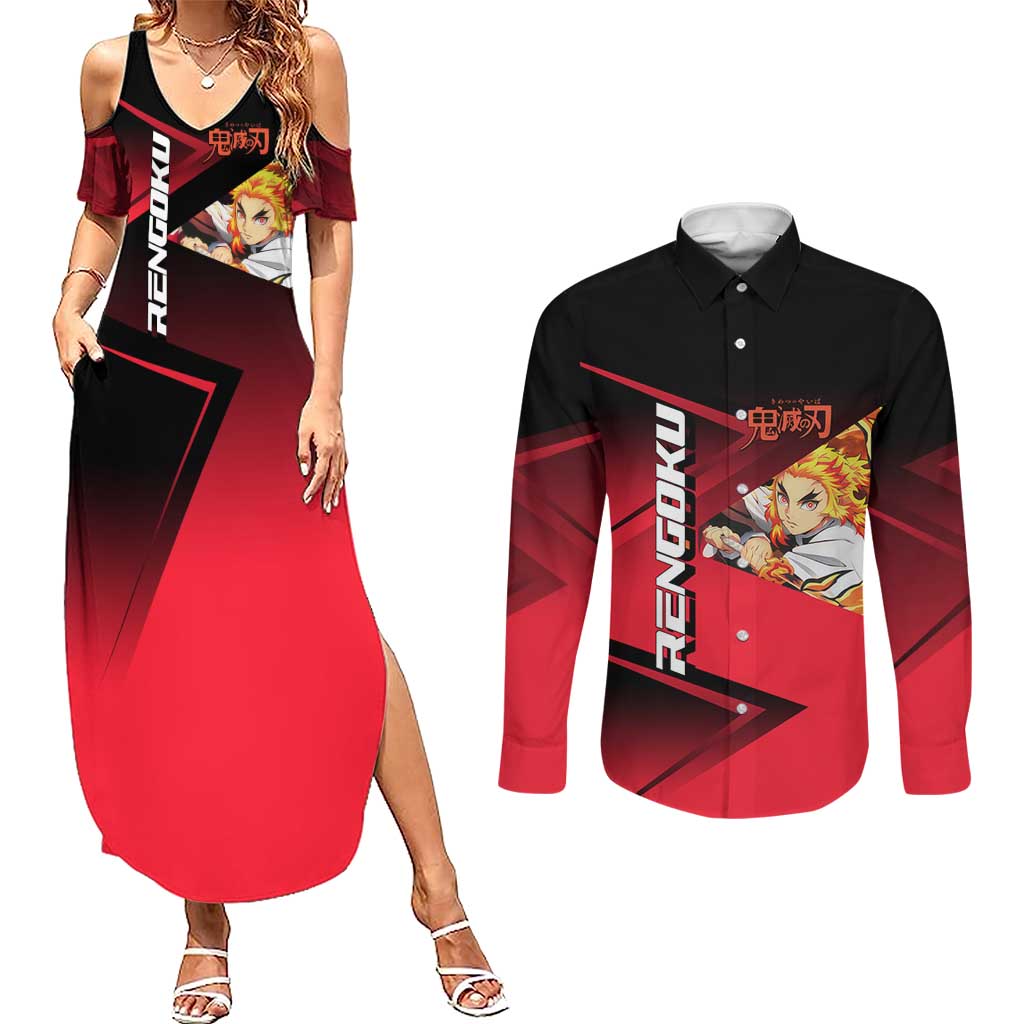 Kyojuro Rengoku Flame Rally Couples Matching Summer Maxi Dress and Long Sleeve Button Shirt Sporty Anime Mashup Style