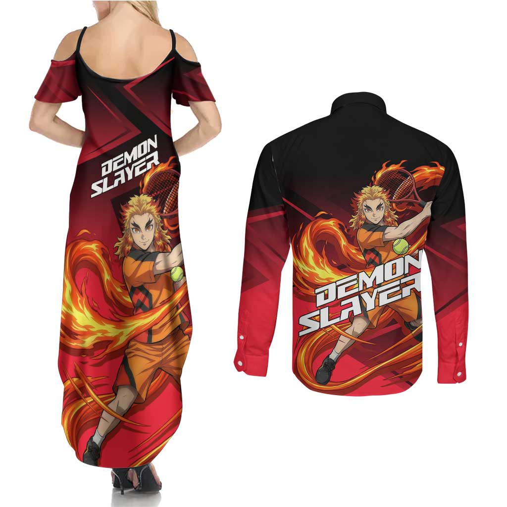 Kyojuro Rengoku Flame Rally Couples Matching Summer Maxi Dress and Long Sleeve Button Shirt Sporty Anime Mashup Style