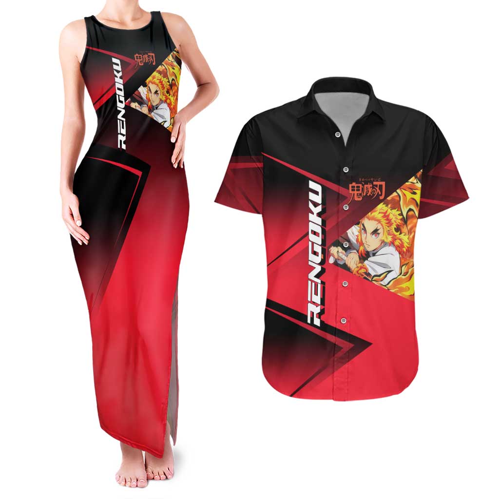 Kyojuro Rengoku Flame Rally Couples Matching Tank Maxi Dress and Hawaiian Shirt Sporty Anime Mashup Style