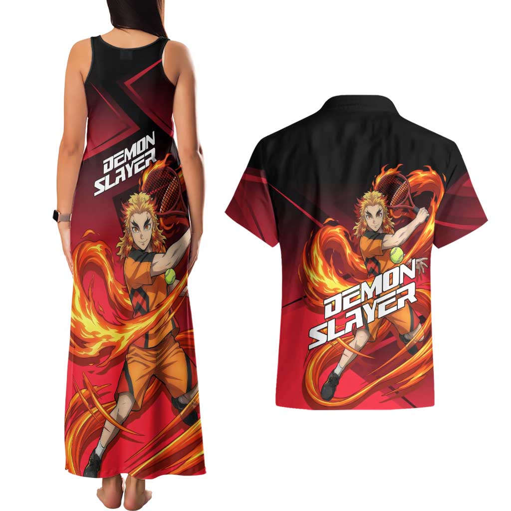 Kyojuro Rengoku Flame Rally Couples Matching Tank Maxi Dress and Hawaiian Shirt Sporty Anime Mashup Style