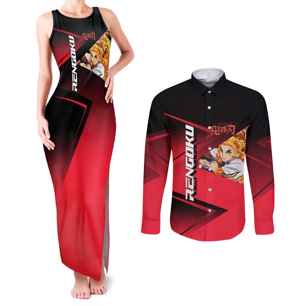 Kyojuro Rengoku Flame Rally Couples Matching Tank Maxi Dress and Long Sleeve Button Shirt Sporty Anime Mashup Style