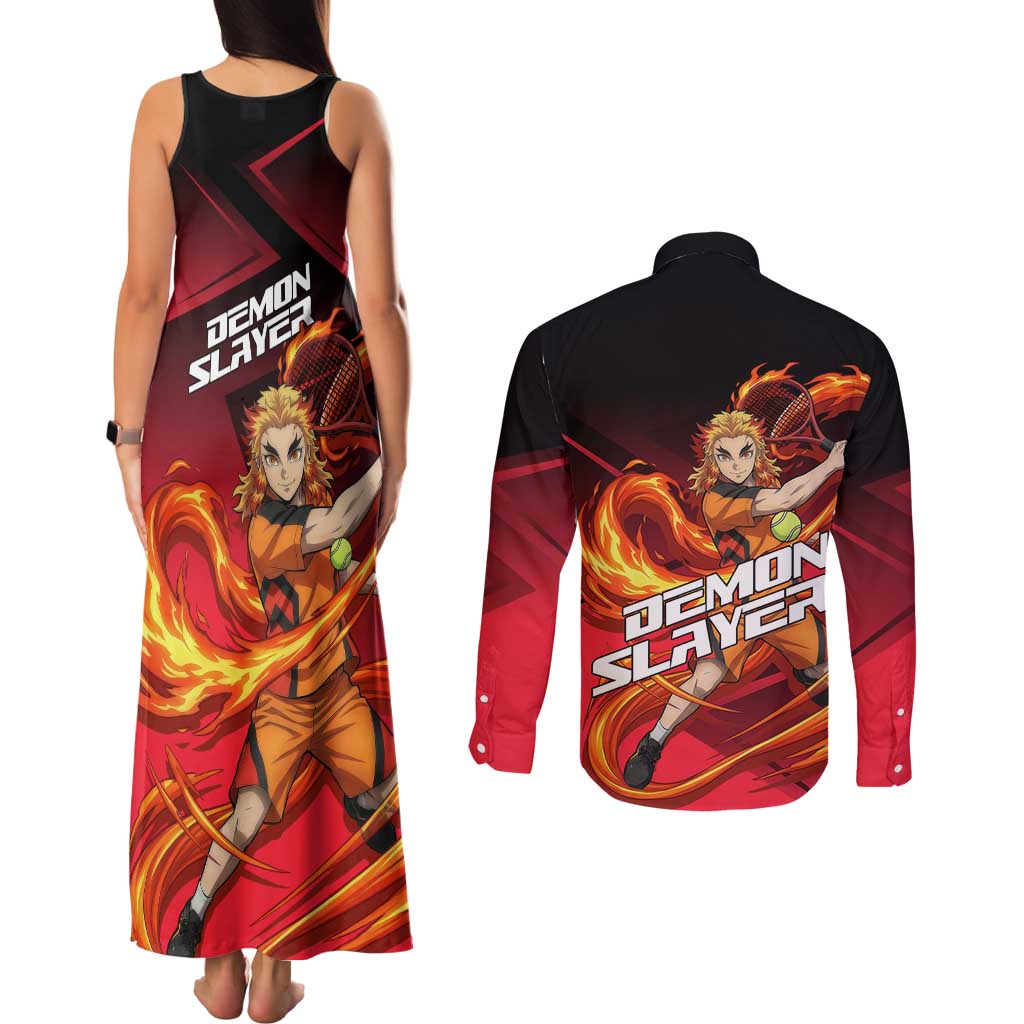 Kyojuro Rengoku Flame Rally Couples Matching Tank Maxi Dress and Long Sleeve Button Shirt Sporty Anime Mashup Style