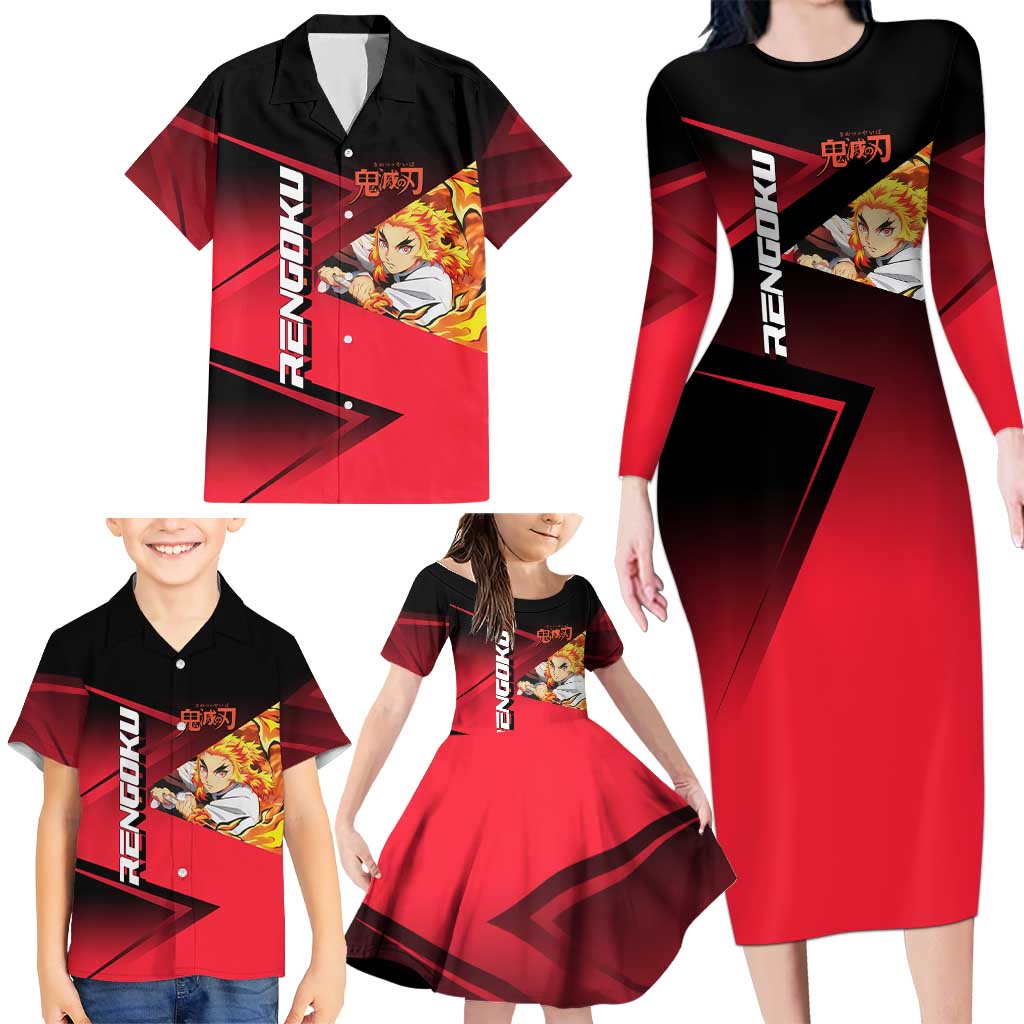 Kyojuro Rengoku Flame Rally Family Matching Long Sleeve Bodycon Dress and Hawaiian Shirt Sporty Anime Mashup Style