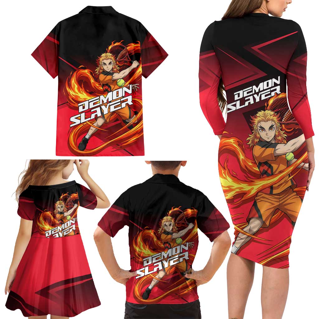 Kyojuro Rengoku Flame Rally Family Matching Long Sleeve Bodycon Dress and Hawaiian Shirt Sporty Anime Mashup Style