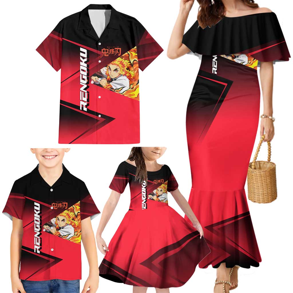 Kyojuro Rengoku Flame Rally Family Matching Mermaid Dress and Hawaiian Shirt Sporty Anime Mashup Style