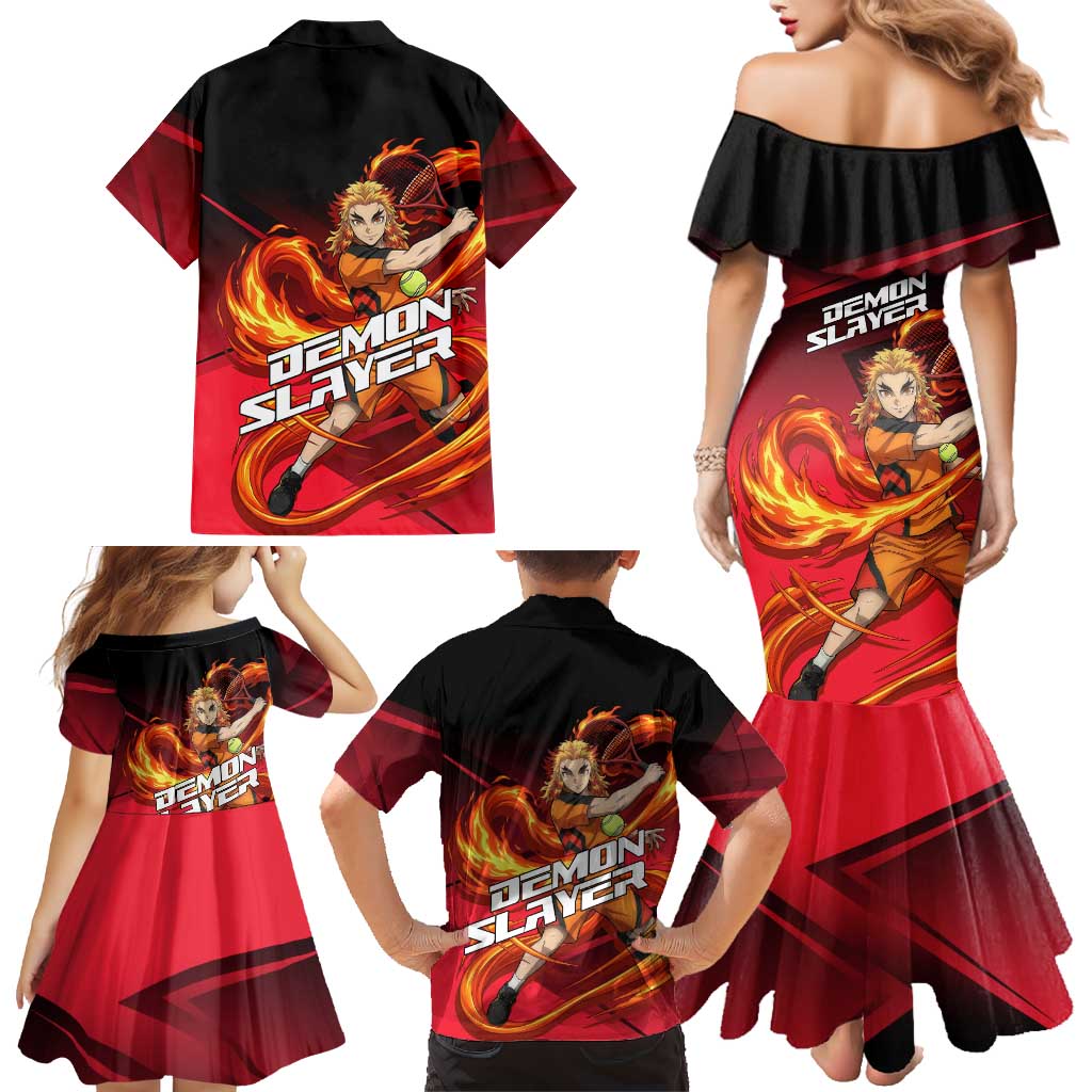Kyojuro Rengoku Flame Rally Family Matching Mermaid Dress and Hawaiian Shirt Sporty Anime Mashup Style