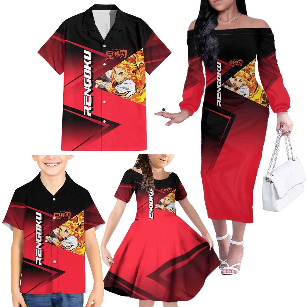 Kyojuro Rengoku Flame Rally Family Matching Off The Shoulder Long Sleeve Dress and Hawaiian Shirt Sporty Anime Mashup Style