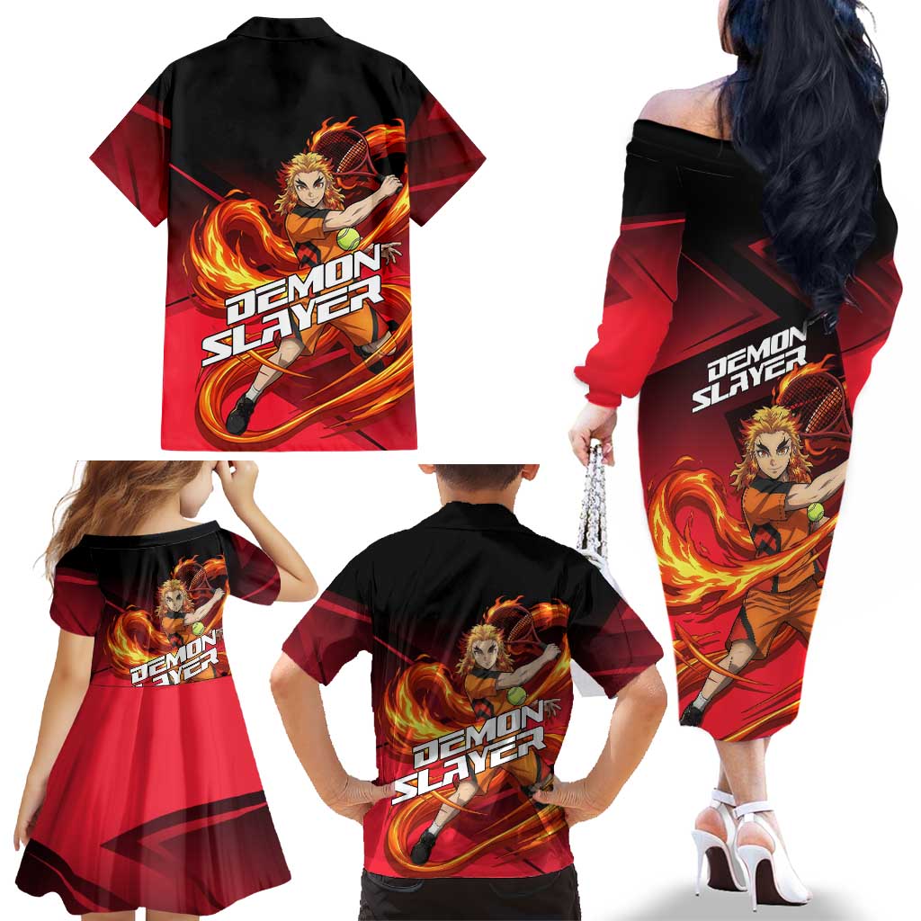 Kyojuro Rengoku Flame Rally Family Matching Off The Shoulder Long Sleeve Dress and Hawaiian Shirt Sporty Anime Mashup Style