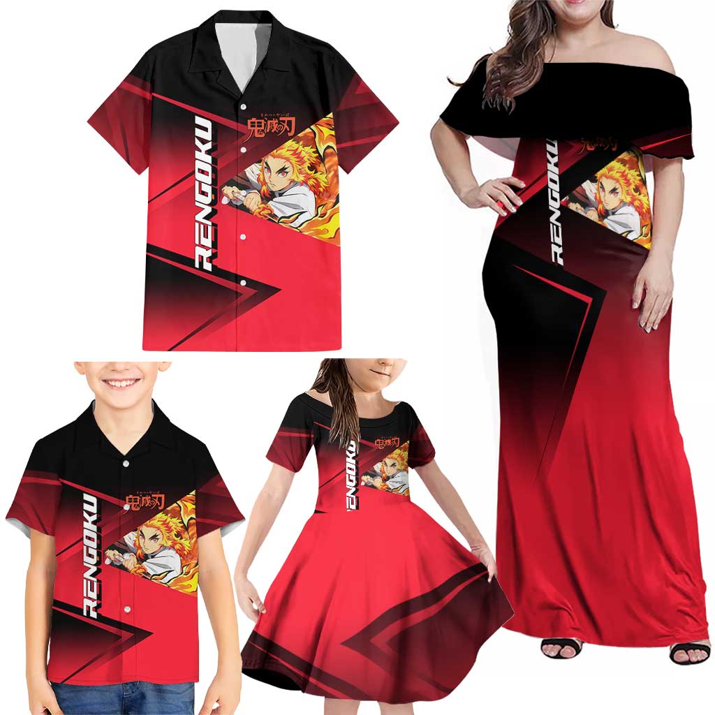 Kyojuro Rengoku Flame Rally Family Matching Off Shoulder Maxi Dress and Hawaiian Shirt Sporty Anime Mashup Style