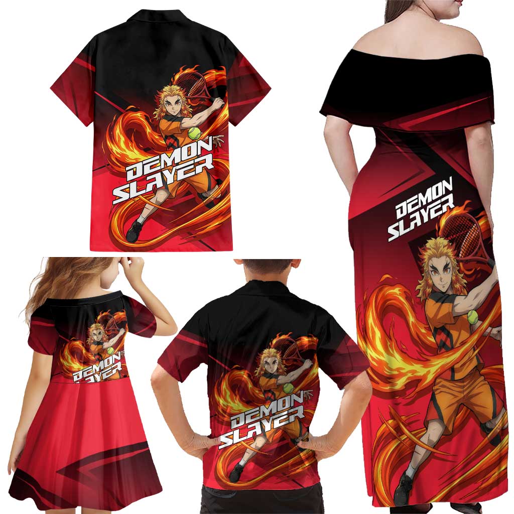Kyojuro Rengoku Flame Rally Family Matching Off Shoulder Maxi Dress and Hawaiian Shirt Sporty Anime Mashup Style
