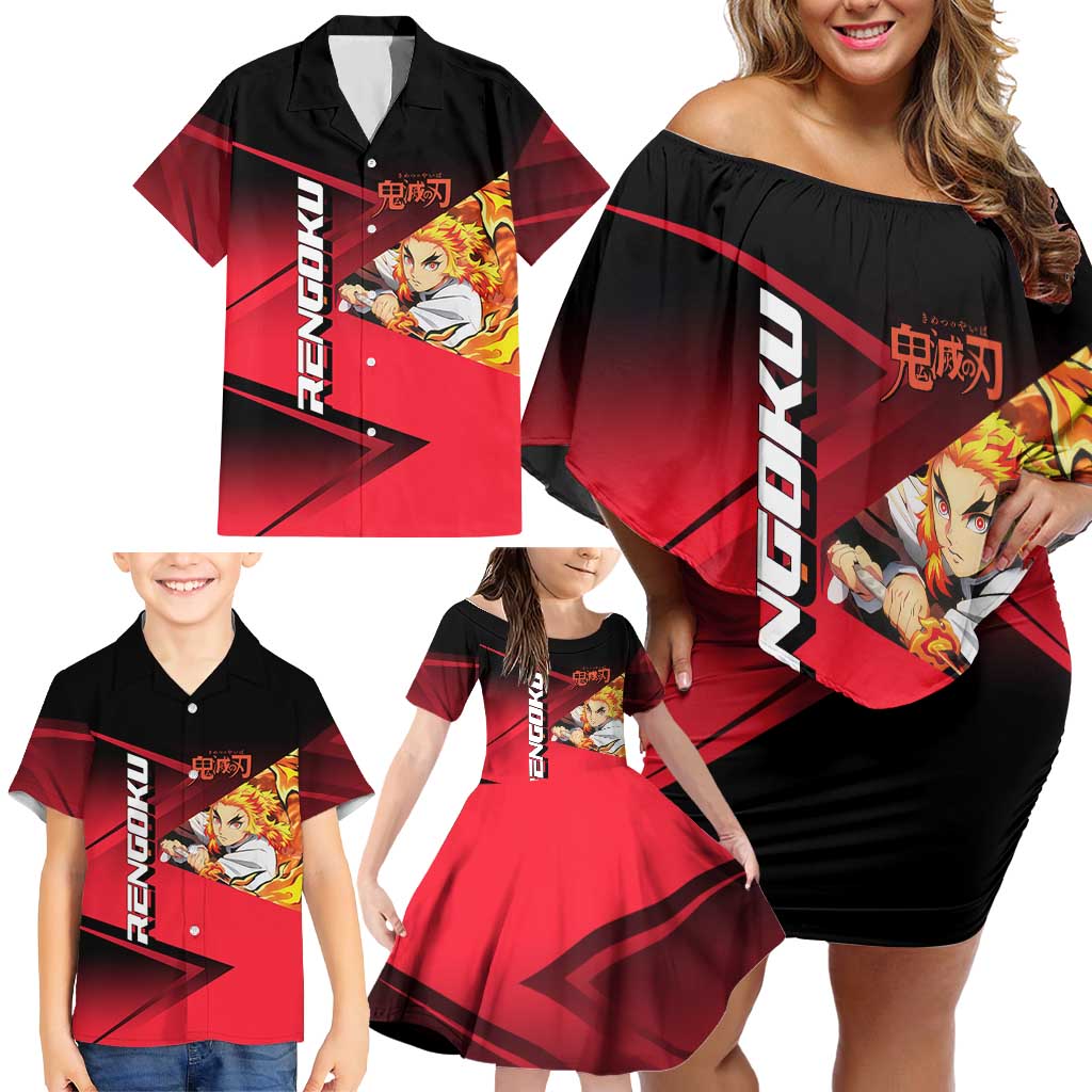 Kyojuro Rengoku Flame Rally Family Matching Off Shoulder Short Dress and Hawaiian Shirt Sporty Anime Mashup Style