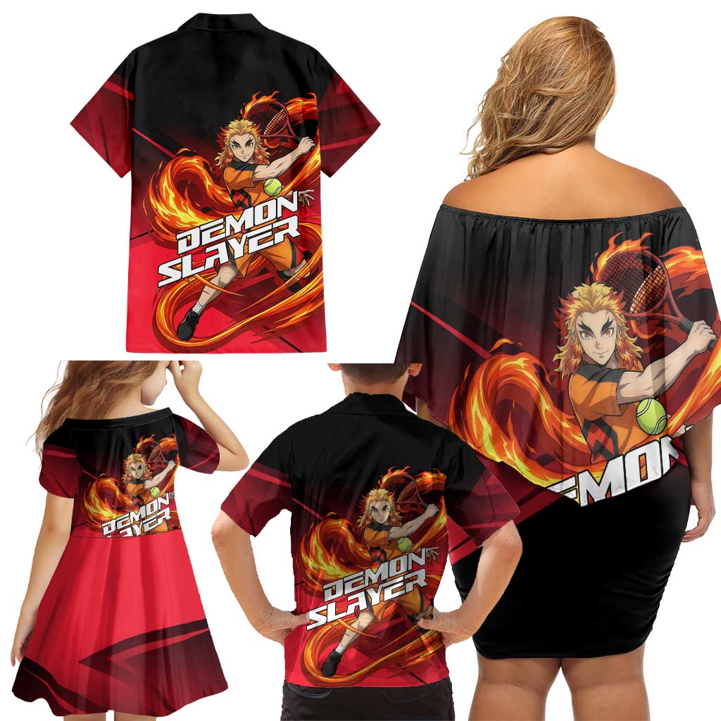 Kyojuro Rengoku Flame Rally Family Matching Off Shoulder Short Dress and Hawaiian Shirt Sporty Anime Mashup Style