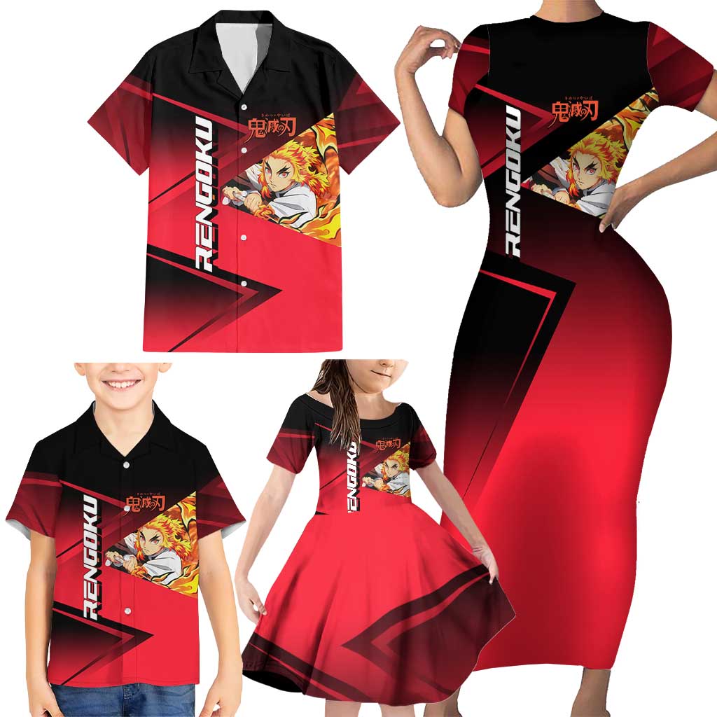 Kyojuro Rengoku Flame Rally Family Matching Short Sleeve Bodycon Dress and Hawaiian Shirt Sporty Anime Mashup Style