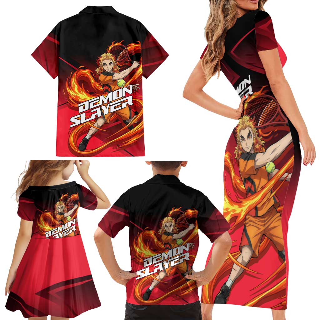 Kyojuro Rengoku Flame Rally Family Matching Short Sleeve Bodycon Dress and Hawaiian Shirt Sporty Anime Mashup Style