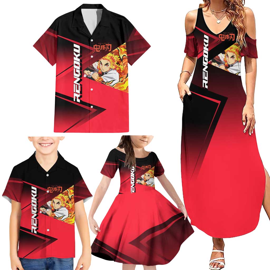 Kyojuro Rengoku Flame Rally Family Matching Summer Maxi Dress and Hawaiian Shirt Sporty Anime Mashup Style