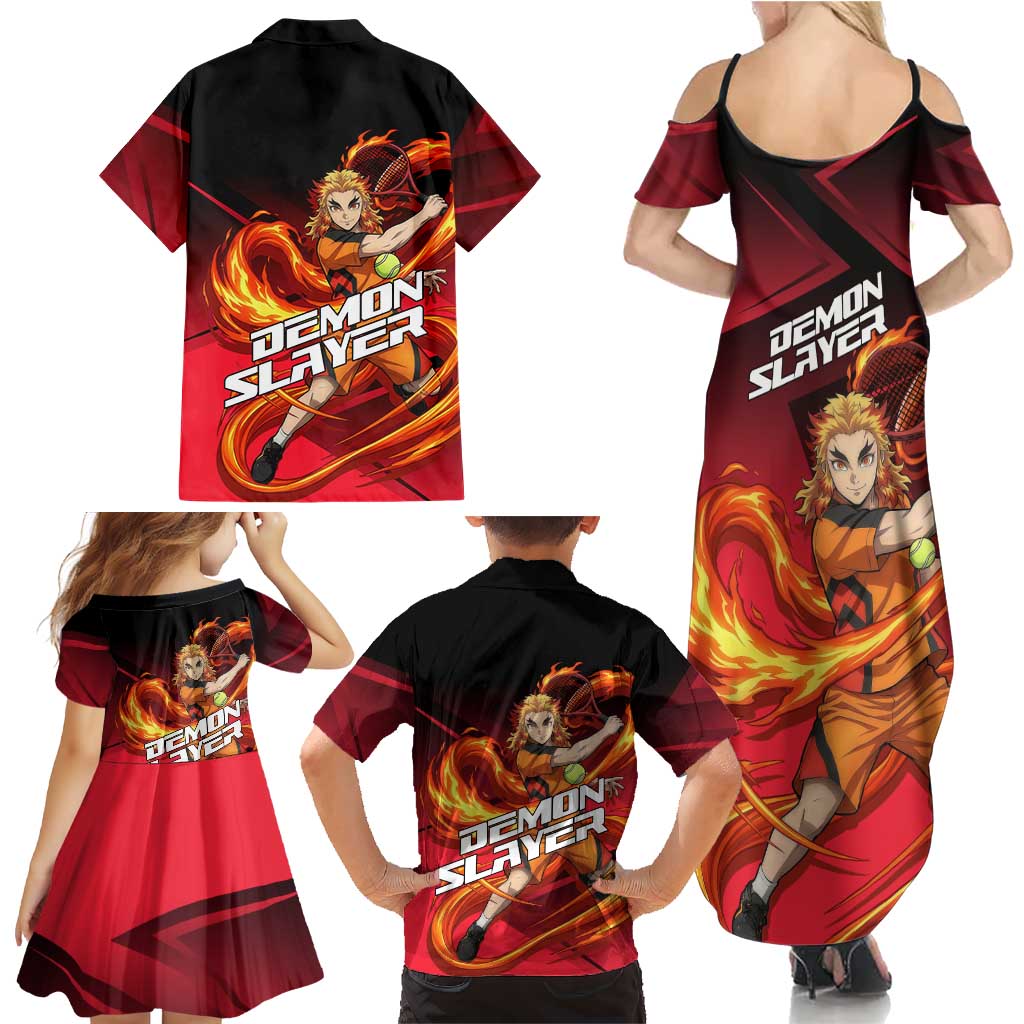 Kyojuro Rengoku Flame Rally Family Matching Summer Maxi Dress and Hawaiian Shirt Sporty Anime Mashup Style