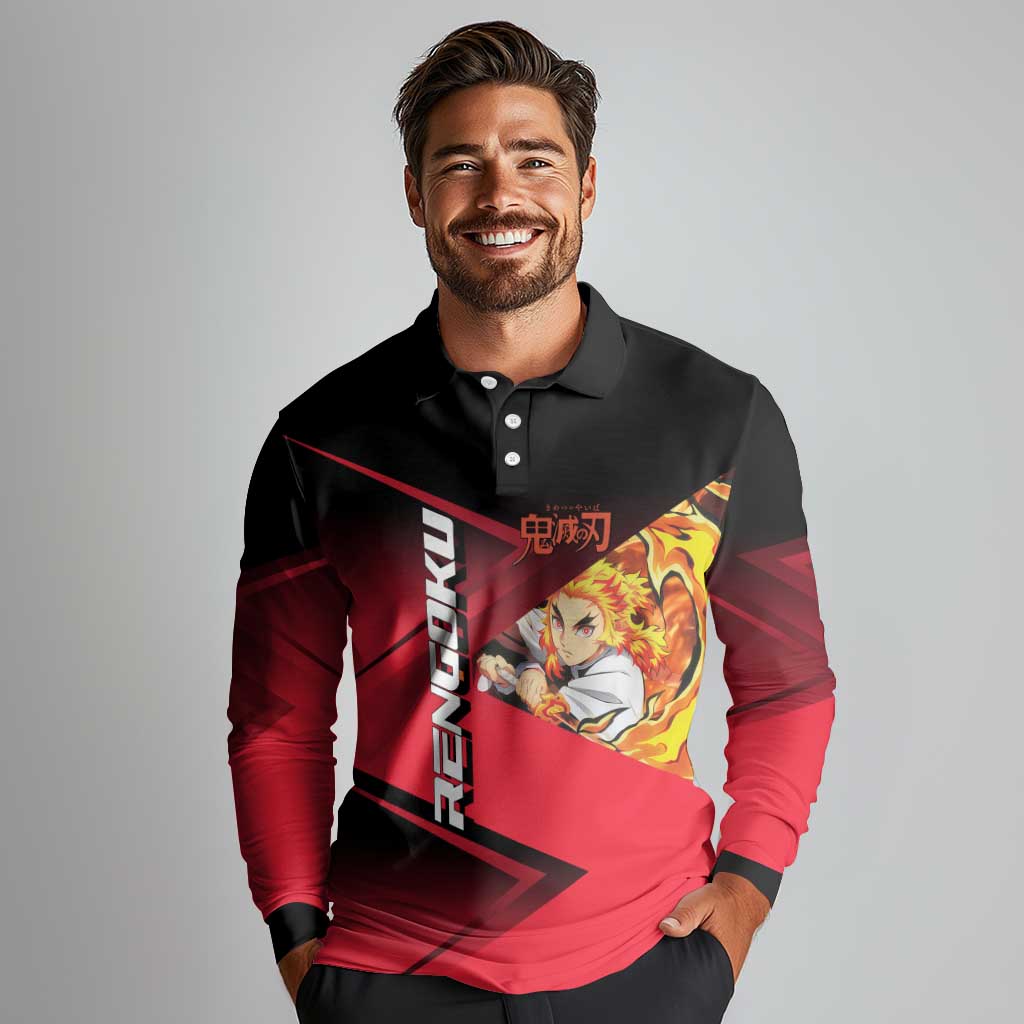 Kyojuro Rengoku Flame Rally Long Sleeve Polo Shirt Sporty Anime Mashup Style