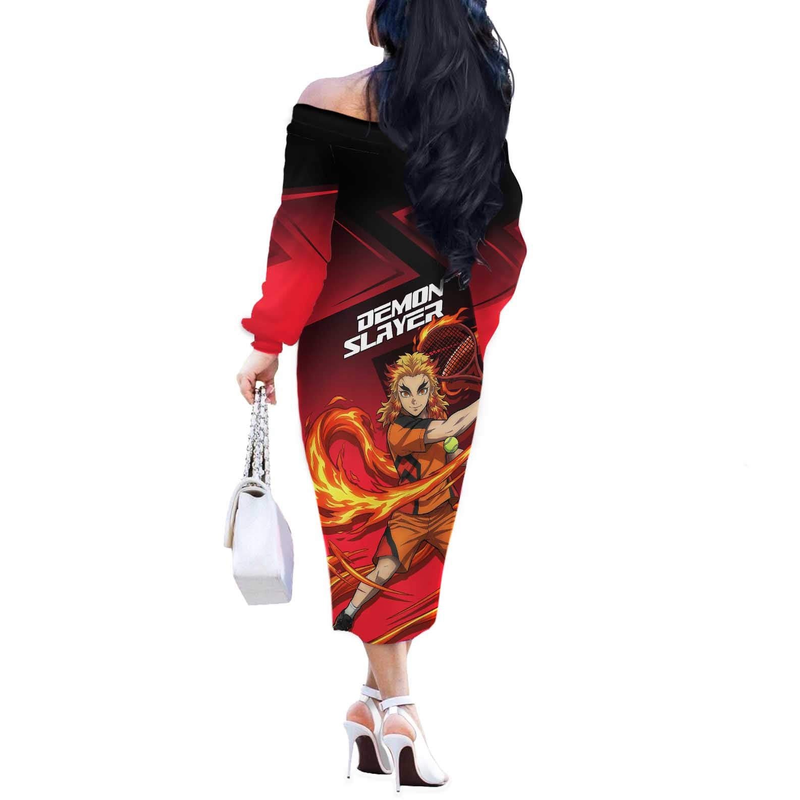 Kyojuro Rengoku Flame Rally Off The Shoulder Long Sleeve Dress Sporty Anime Mashup Style