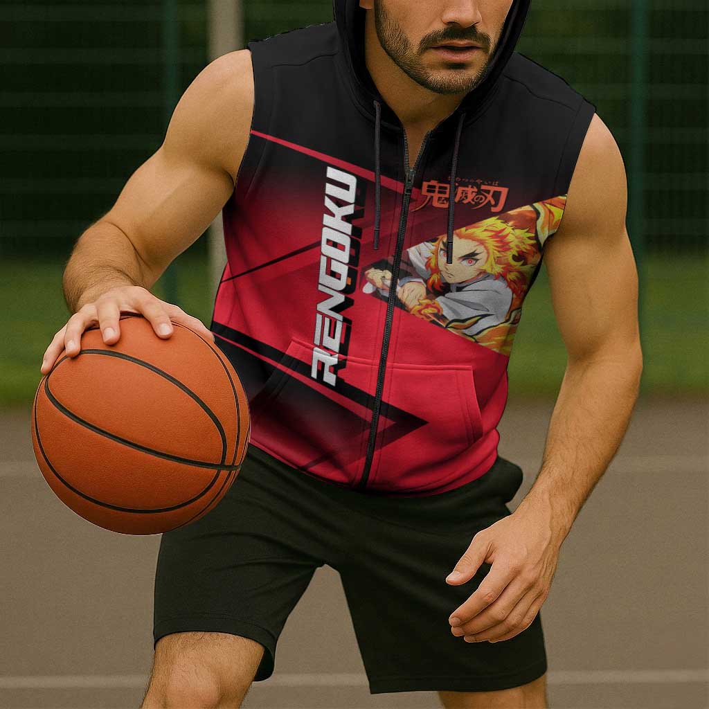 Kyojuro Rengoku Flame Rally Sleeveless Zip Hoodie Sporty Anime Mashup Style
