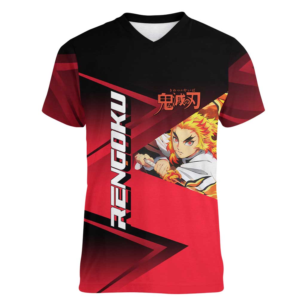 Kyojuro Rengoku Flame Rally Women V-Neck T-Shirt Sporty Anime Mashup Style