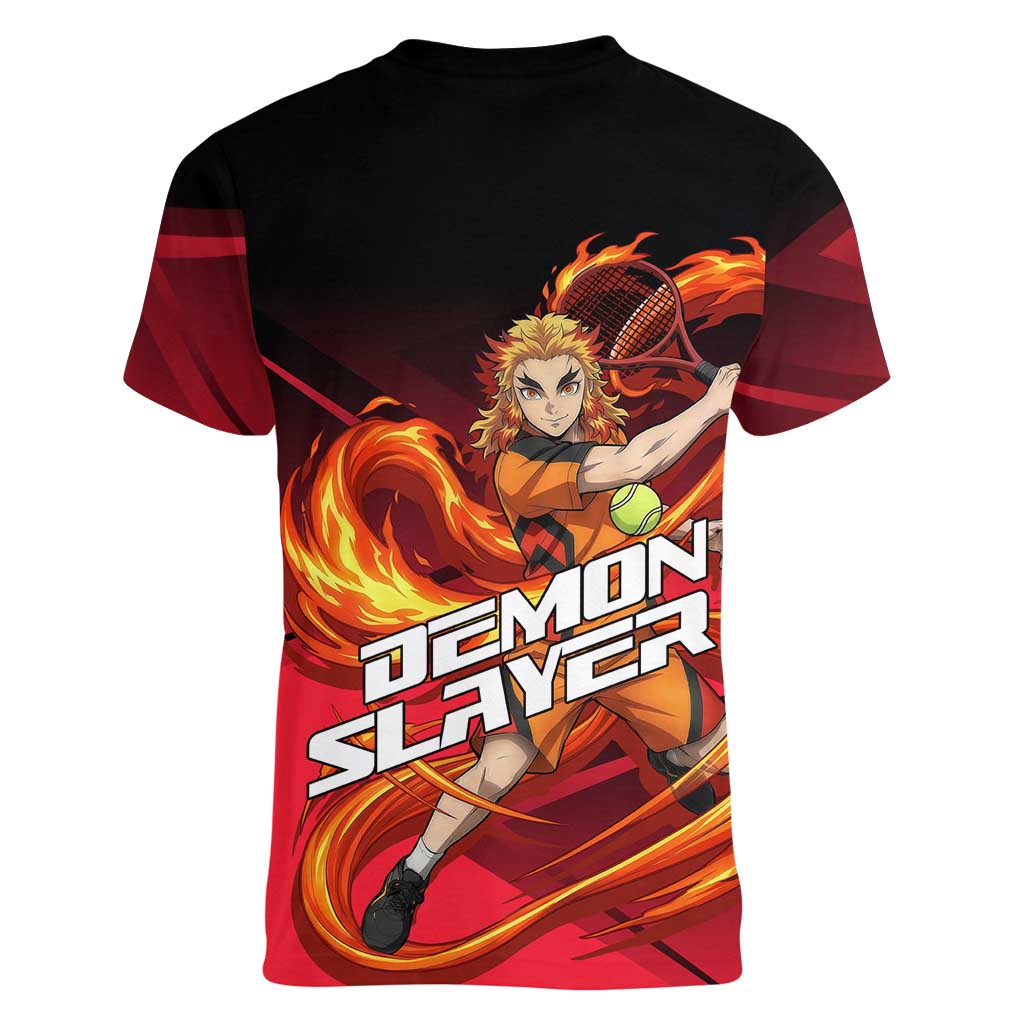 Kyojuro Rengoku Flame Rally Women V-Neck T-Shirt Sporty Anime Mashup Style
