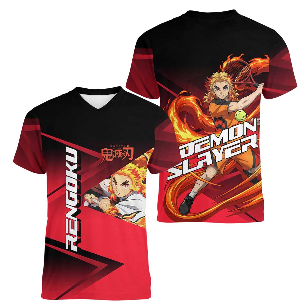 Kyojuro Rengoku Flame Rally Women V-Neck T-Shirt Sporty Anime Mashup Style