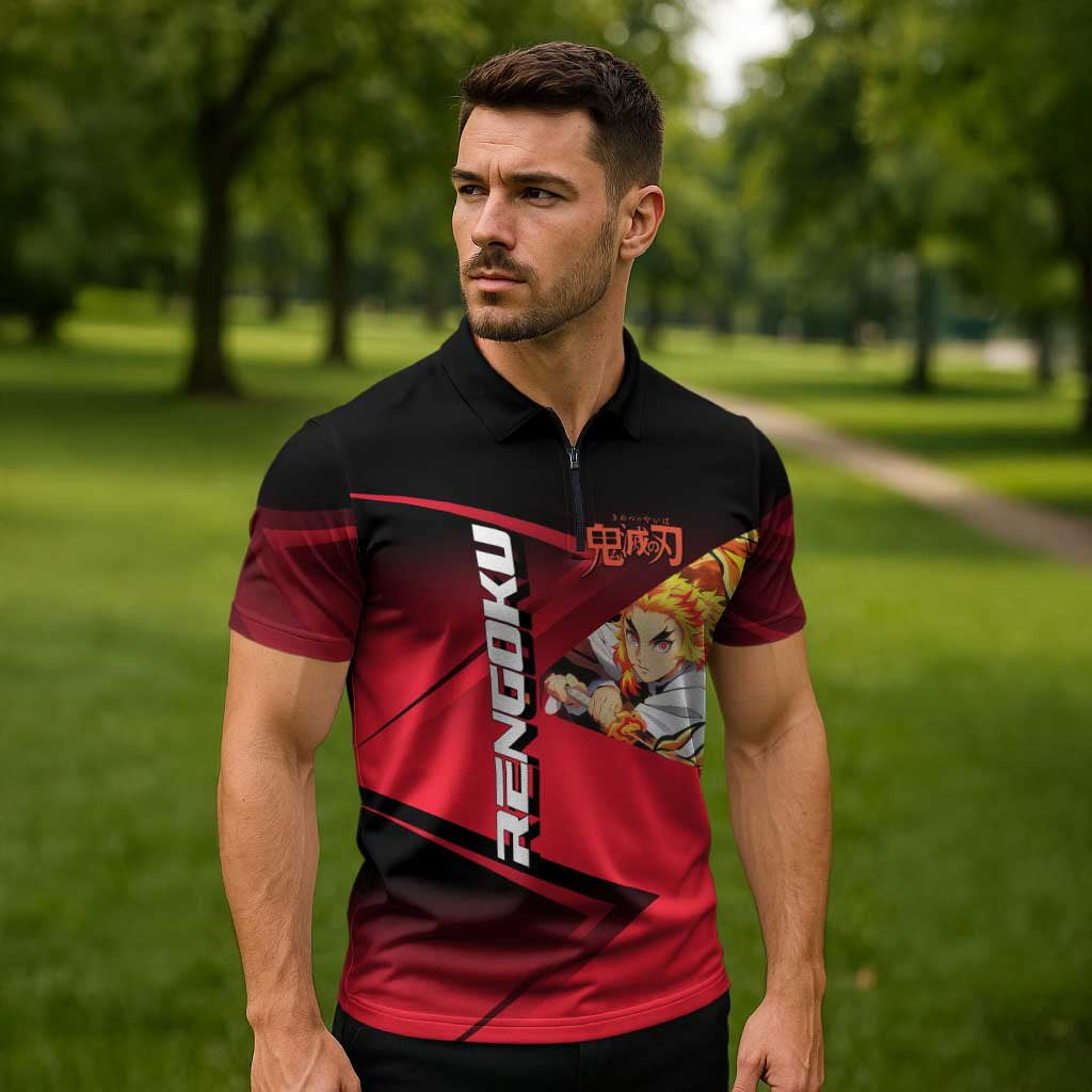 Kyojuro Rengoku Flame Rally Zipper Polo Shirt Sporty Anime Mashup Style