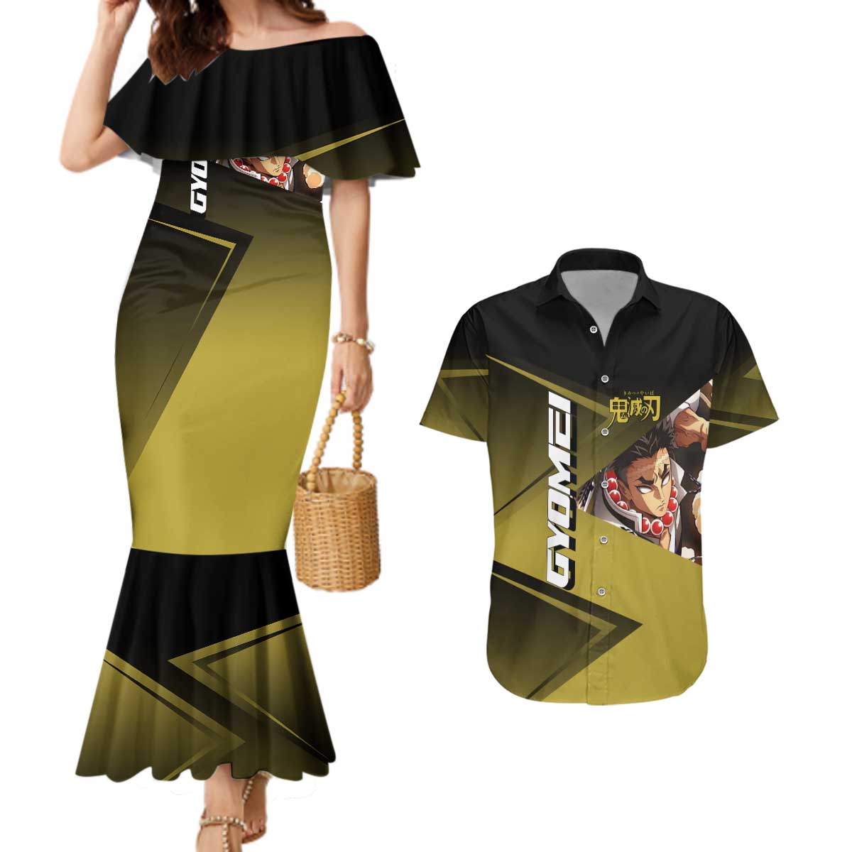 Gyomei Himejima Stone Serve Couples Matching Mermaid Dress and Hawaiian Shirt Sporty Anime Mashup Style