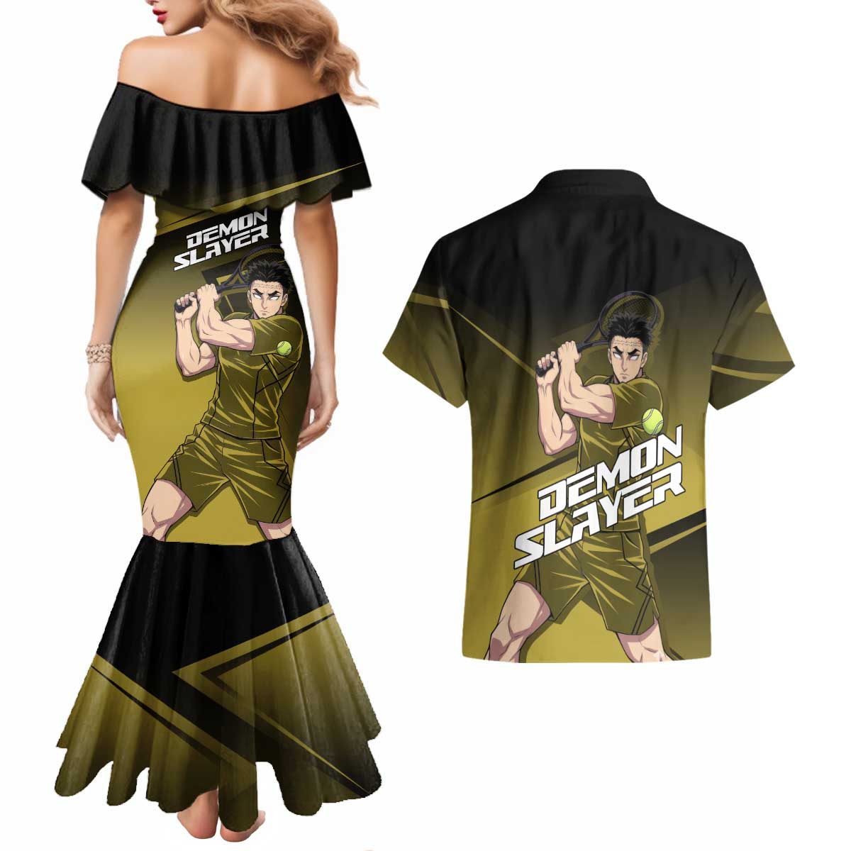 Gyomei Himejima Stone Serve Couples Matching Mermaid Dress and Hawaiian Shirt Sporty Anime Mashup Style