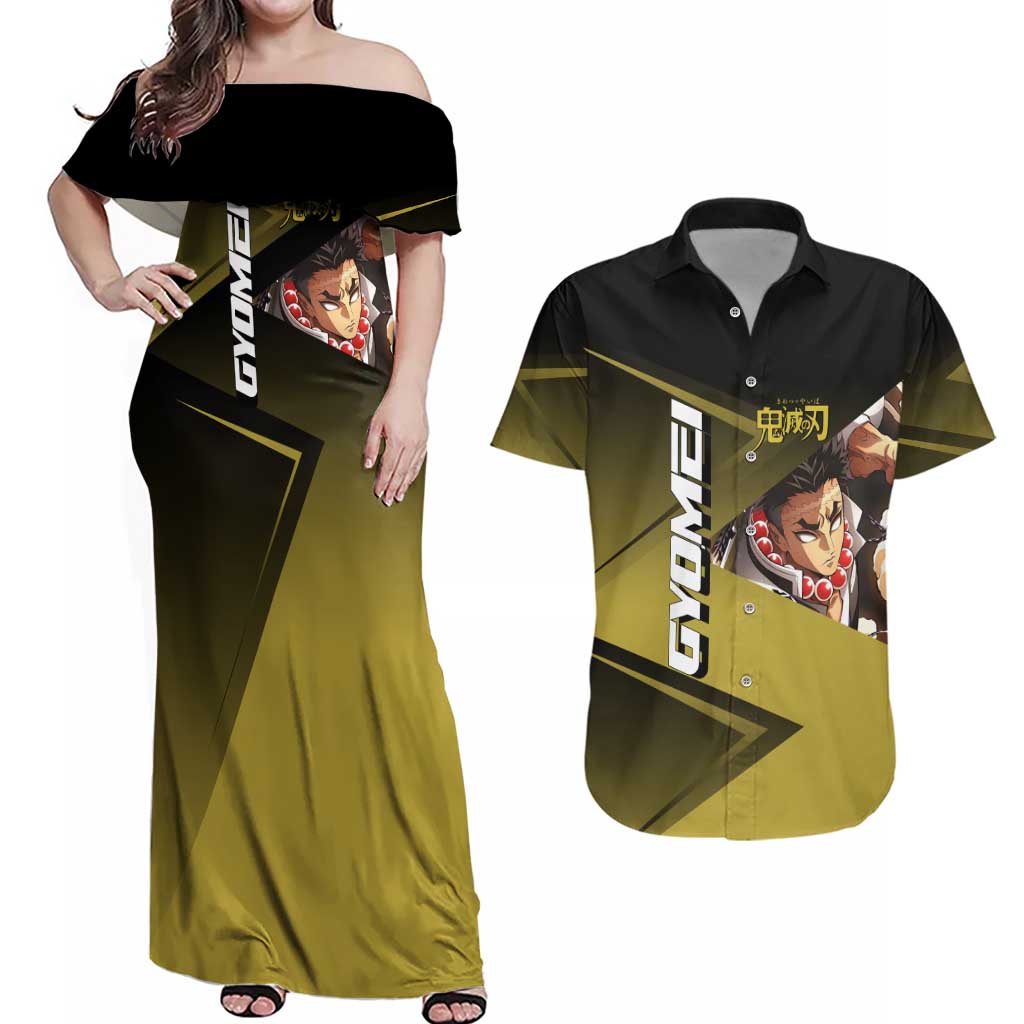 Gyomei Himejima Stone Serve Couples Matching Off Shoulder Maxi Dress and Hawaiian Shirt Sporty Anime Mashup Style
