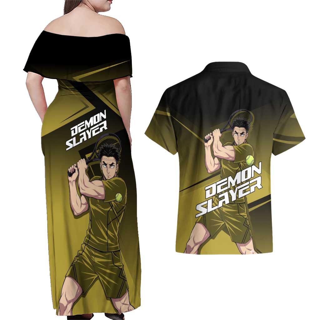 Gyomei Himejima Stone Serve Couples Matching Off Shoulder Maxi Dress and Hawaiian Shirt Sporty Anime Mashup Style