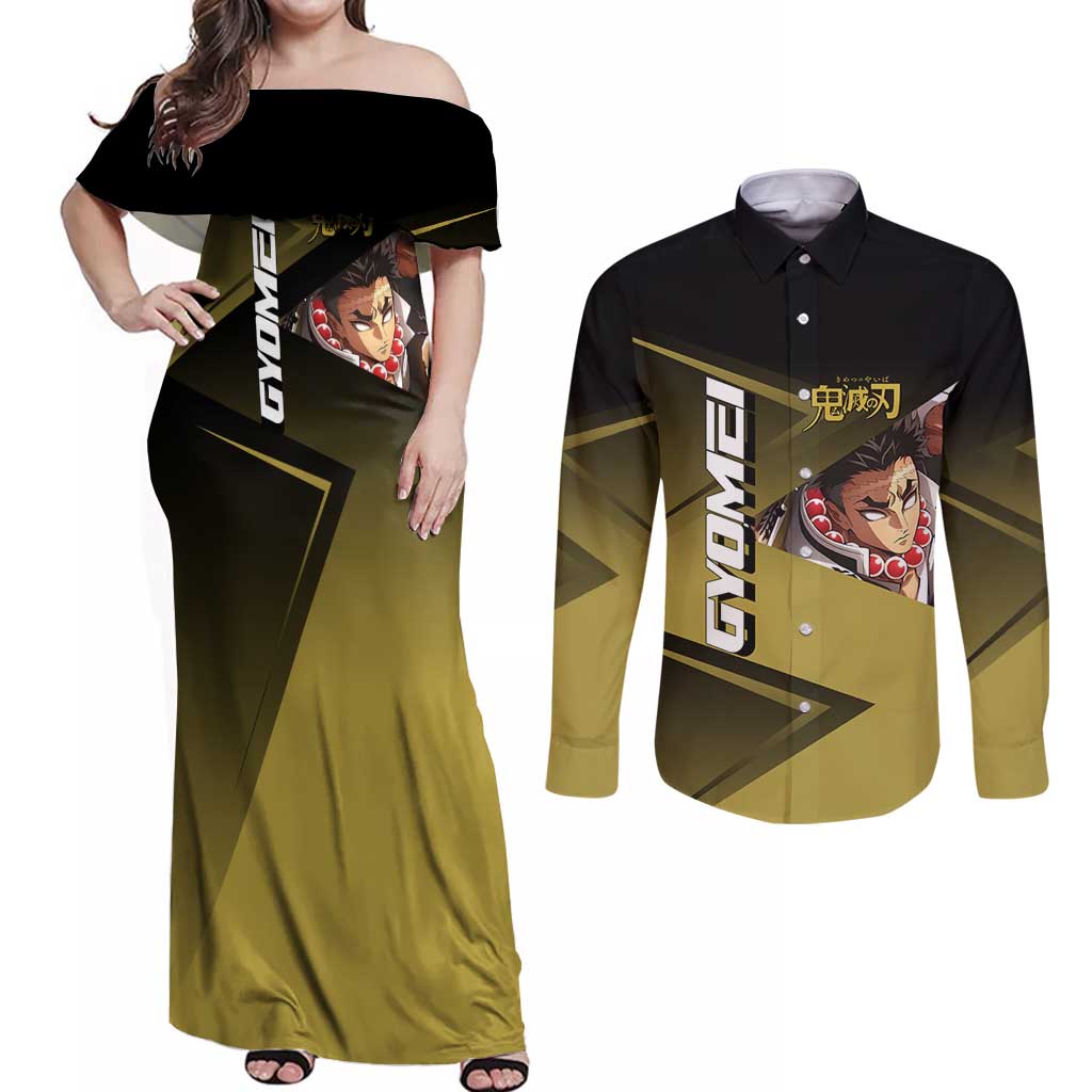 Gyomei Himejima Stone Serve Couples Matching Off Shoulder Maxi Dress and Long Sleeve Button Shirt Sporty Anime Mashup Style