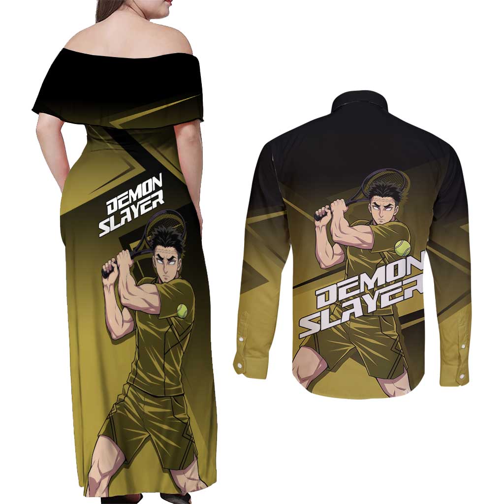 Gyomei Himejima Stone Serve Couples Matching Off Shoulder Maxi Dress and Long Sleeve Button Shirt Sporty Anime Mashup Style