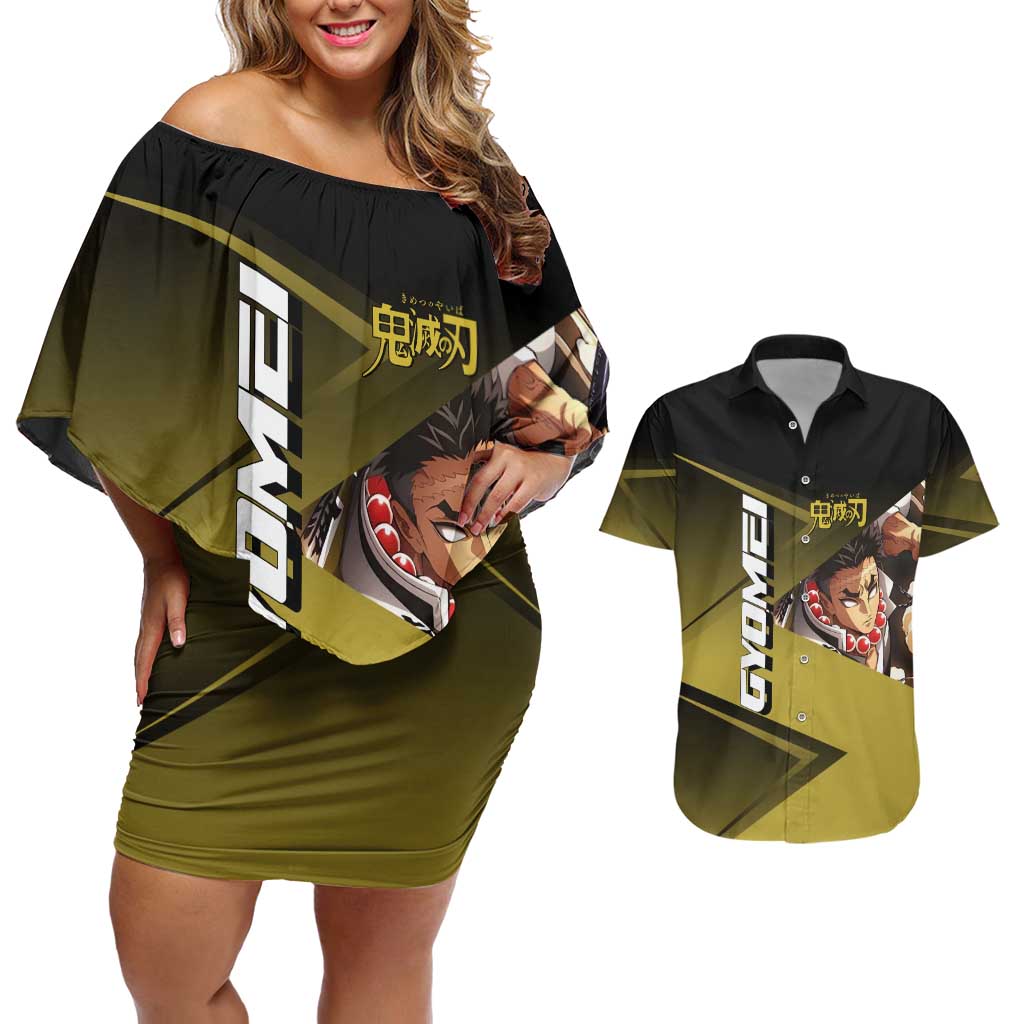 Gyomei Himejima Stone Serve Couples Matching Off Shoulder Short Dress and Hawaiian Shirt Sporty Anime Mashup Style