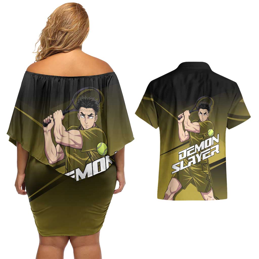 Gyomei Himejima Stone Serve Couples Matching Off Shoulder Short Dress and Hawaiian Shirt Sporty Anime Mashup Style