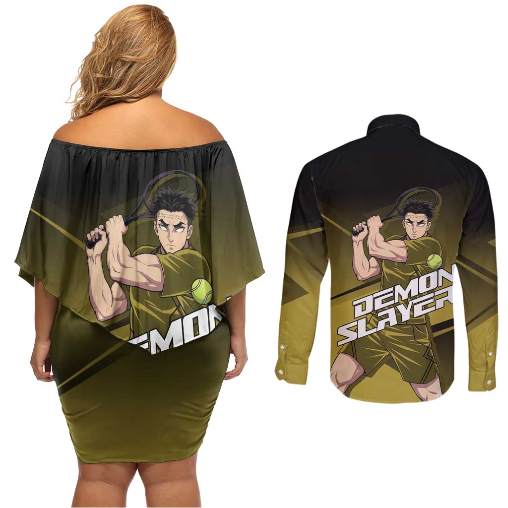 Gyomei Himejima Stone Serve Couples Matching Off Shoulder Short Dress and Long Sleeve Button Shirt Sporty Anime Mashup Style