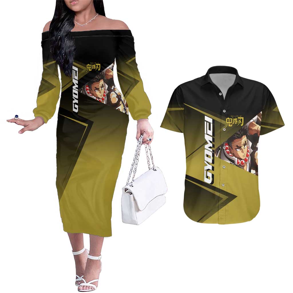 Gyomei Himejima Stone Serve Couples Matching Off The Shoulder Long Sleeve Dress and Hawaiian Shirt Sporty Anime Mashup Style