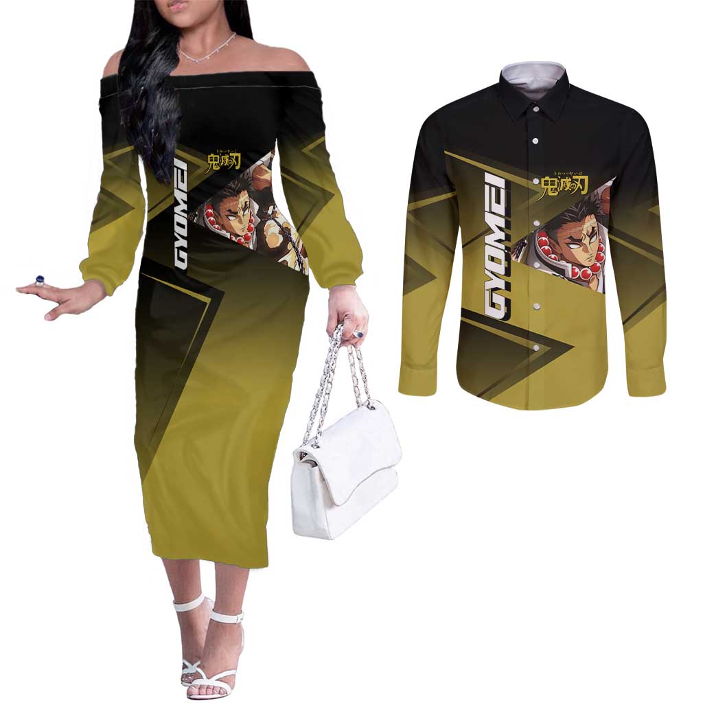 Gyomei Himejima Stone Serve Couples Matching Off The Shoulder Long Sleeve Dress and Long Sleeve Button Shirt Sporty Anime Mashup Style