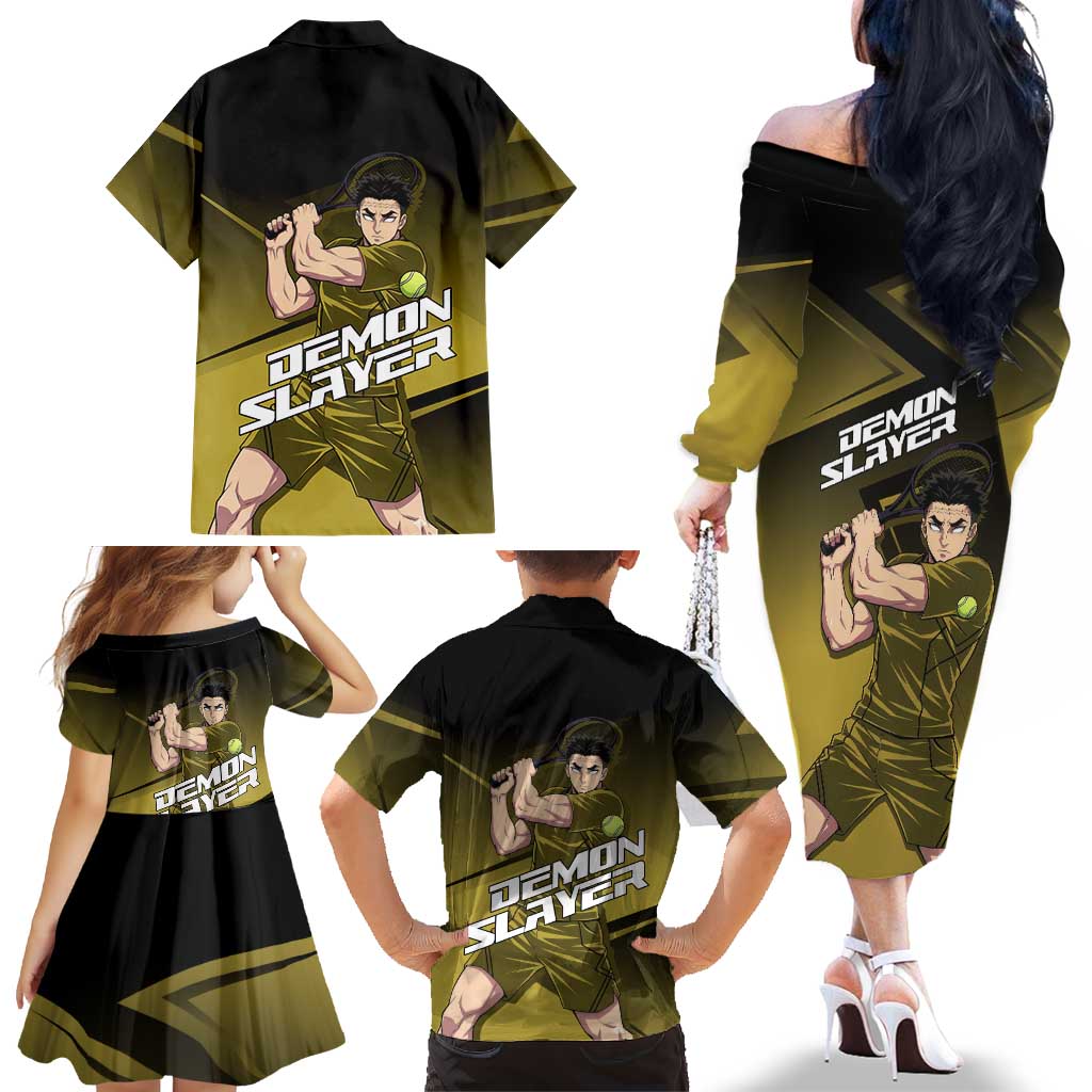 Gyomei Himejima Stone Serve Family Matching Off The Shoulder Long Sleeve Dress and Hawaiian Shirt Sporty Anime Mashup Style