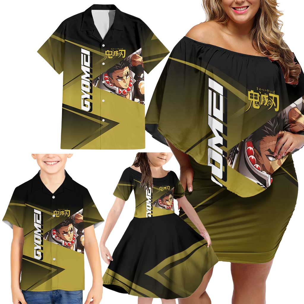 Gyomei Himejima Stone Serve Family Matching Off Shoulder Short Dress and Hawaiian Shirt Sporty Anime Mashup Style