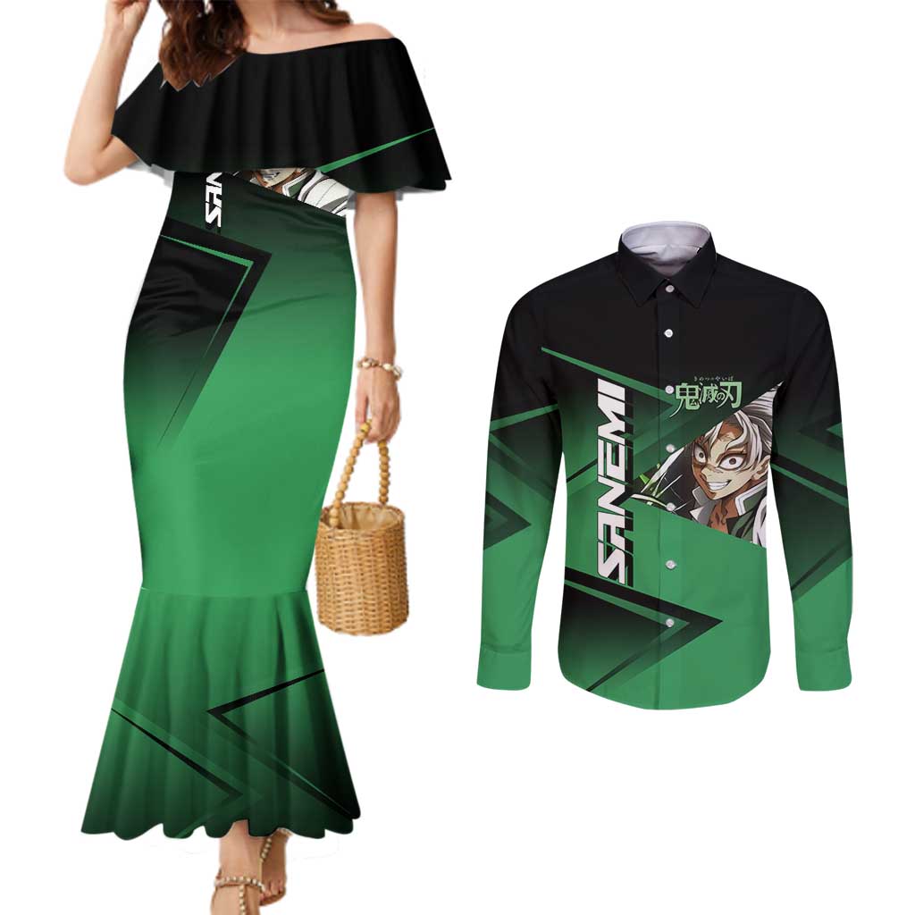 Sanemi Shinazugawa Wind Rally Couples Matching Mermaid Dress and Long Sleeve Button Shirt Sporty Anime Mashup Style