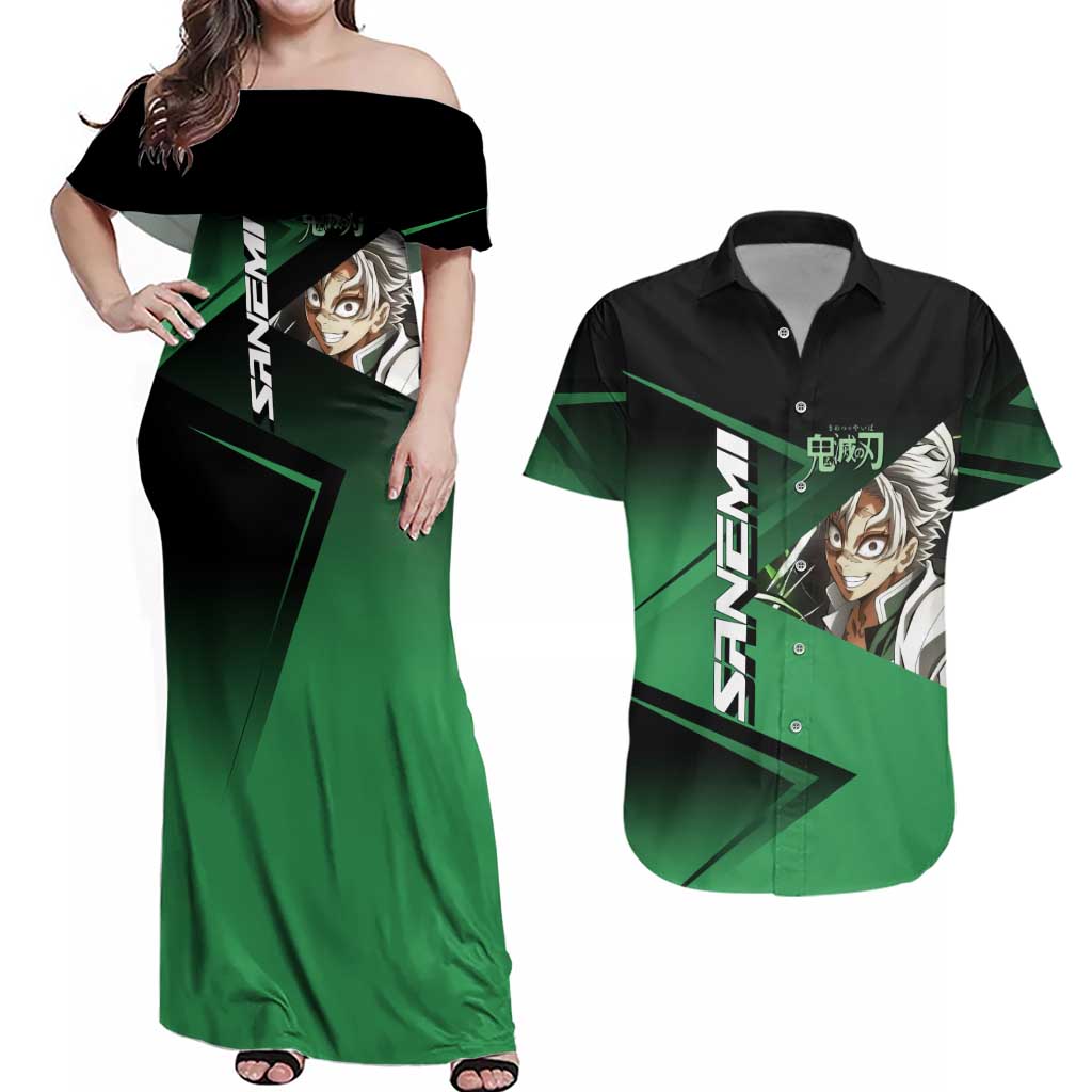 Sanemi Shinazugawa Wind Rally Couples Matching Off Shoulder Maxi Dress and Hawaiian Shirt Sporty Anime Mashup Style