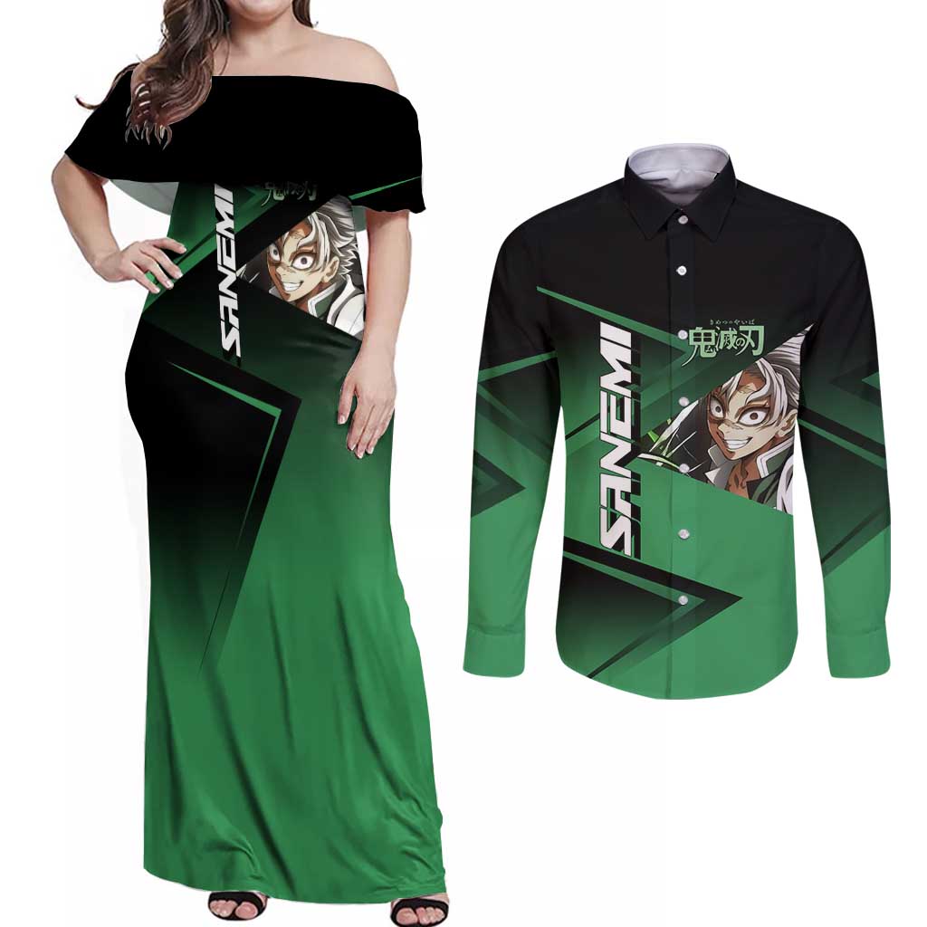 Sanemi Shinazugawa Wind Rally Couples Matching Off Shoulder Maxi Dress and Long Sleeve Button Shirt Sporty Anime Mashup Style