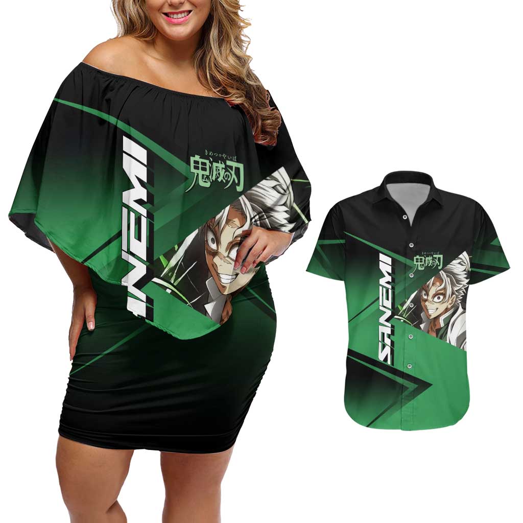 Sanemi Shinazugawa Wind Rally Couples Matching Off Shoulder Short Dress and Hawaiian Shirt Sporty Anime Mashup Style