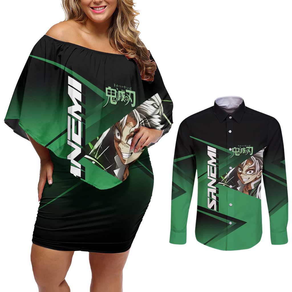 Sanemi Shinazugawa Wind Rally Couples Matching Off Shoulder Short Dress and Long Sleeve Button Shirt Sporty Anime Mashup Style